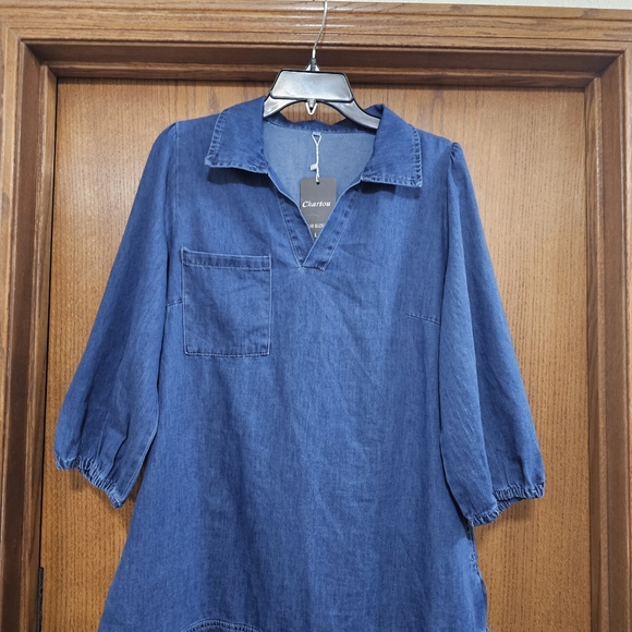 Denim Dress Blue V-Neck 3/4 Length Puff Sleeves Midi Dress NWT Size Large - Picture 2 of 11